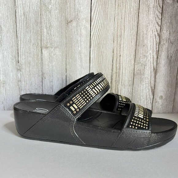 Slip on sandals, black w gold beads on straps, size 8 US - Picture 6 of 16